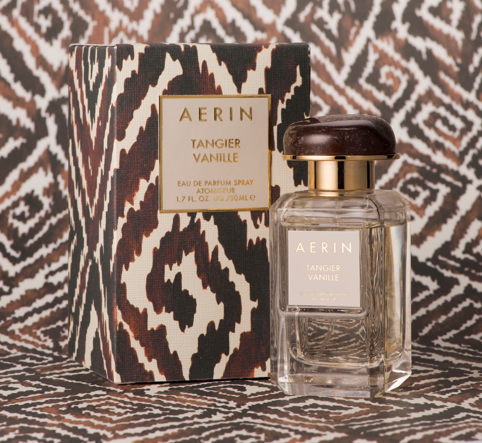AERIN Tangier Vanille Bottle Package on Pattern Background Global Expiry August 2017